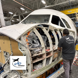 VP Aviation Mobile Response Team performing AOG Structures fuselage skin repair on a commercial aircraft