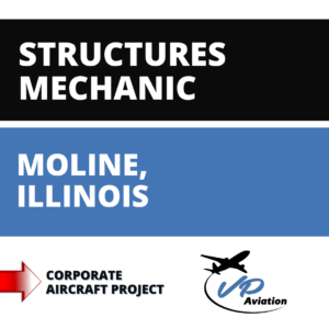 Aircraft Structures Mechanic Moline Illinois job graphic for VP Aviation with competitive pay.